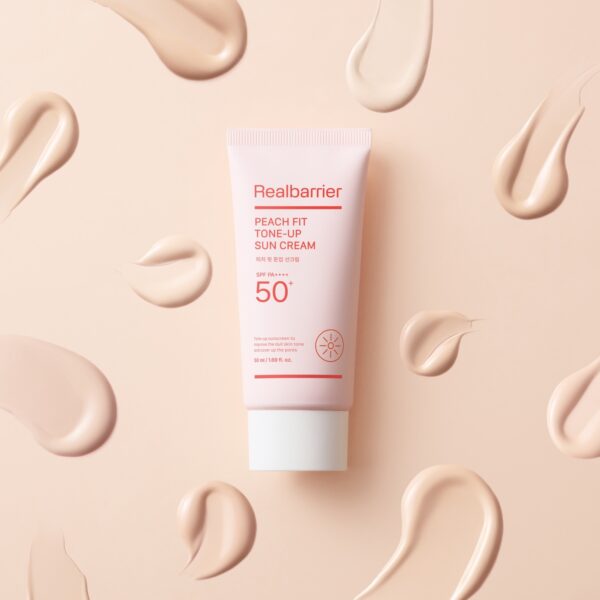 Crema con protección solar tono Peach Glow SPF50+ PA++++ Real Barrier Peach Fit Tone-up 50ml